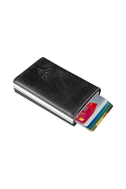 Garbalia Unisex Siyah Sparta Hakiki Deri Otomatik Mekanizmalı Crazy  Cüzdan