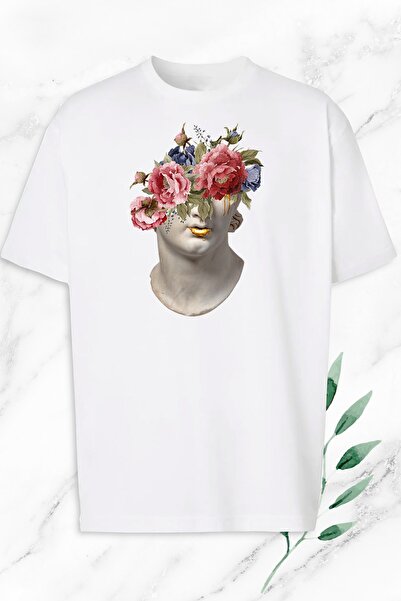 perseusshopping Unisex White Oversize Mythology Sculpture Printed T-Shirt