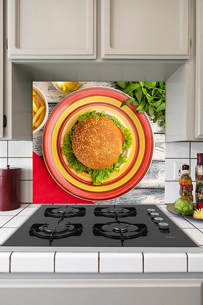Tilki Dünyası Kitchen Stove Back Sticker Hamburger Green Salad And Potatoes