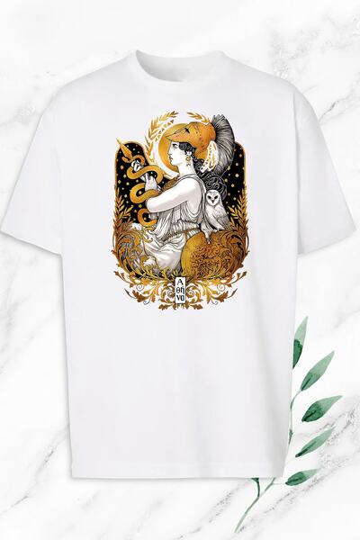 perseusshopping Oversize Mitoloj Tanrıça Athena Heykel Baskılı Beyaz Tişört