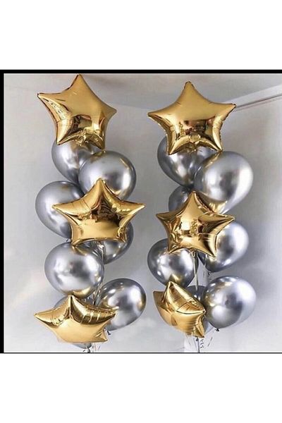 Deniz Party Store Light Gray Chrome 14 Pieces Foil Gold Star 6 Piece Balloon Set