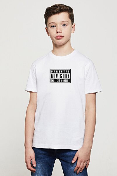 QIVI Unisex Child White Parental Advisory Explicit Content Printed T-shirt