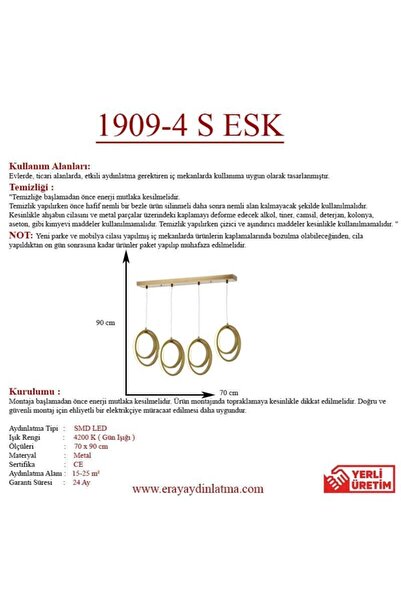 Eray Aydınlatma 1909-4 Eskitme Sıralı 4 Lü Led Avize