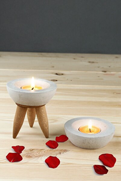 tasarımbo Masif Ahşap Ayaklı 2' Li Beton Mumluk Seti , Dekoratif Mumluk Seti ...