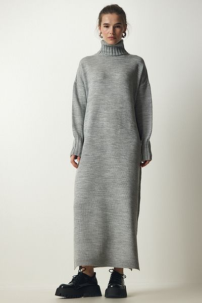 Happiness İstanbul Women's Gray Turtleneck Slit Oversize Knitwear Dress PF00042