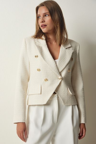 Happiness İstanbul Ecrufarbene, asymmetrische, detaillierte Crop-Tweedjacke für Damen TO00122