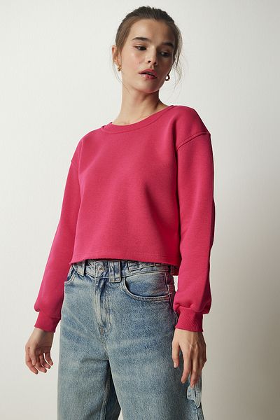 Happiness İstanbul Women's Pink Crew Neck Raised Crop Knitted Sweatshirt BF00085