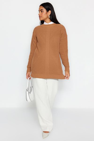 Trendyol Modest Camel Crew Neck Knitwear Sweater TCTAW24AK00023