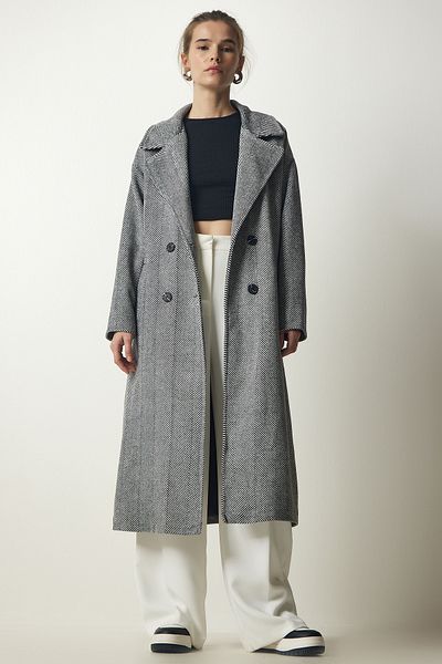Happiness İstanbul Women's Black and White Double Breasted Collar Fish Back Stamp Coat DD01276