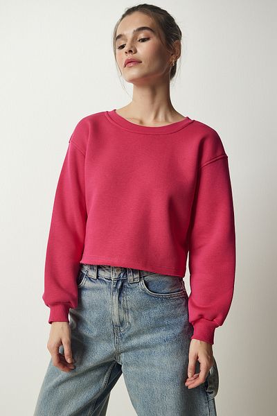 Happiness İstanbul Women's Pink Crew Neck Raised Crop Knitted Sweatshirt BF00085