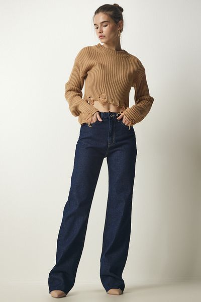 Happiness İstanbul Women's Navy Blue High Waist Straight Leg Denim Trousers CB00016