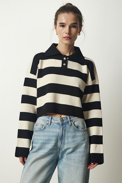 Happiness İstanbul Women's Black Cream Stylish Buttoned Collar Striped Crop Knitwear Sweater BV00115