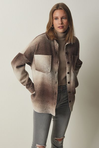 Happiness İstanbul Dámská hnědá bunda Lumberjack Oversize Stamp Shirt Jacket TU00035
