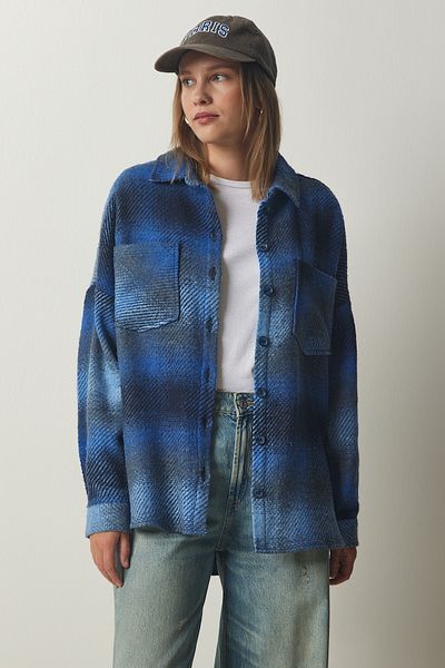 Happiness İstanbul Dámská modrá košilová bunda Lumberjack Oversize Stamp TU00035