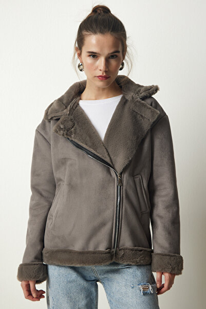 Happiness İstanbul Dámský šedý kožešinový nubukový kabát RV00155