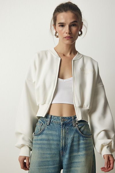 Happiness İstanbul Women's Ecru Zippered Raised Crop Knitted Sweatshirt HF00442