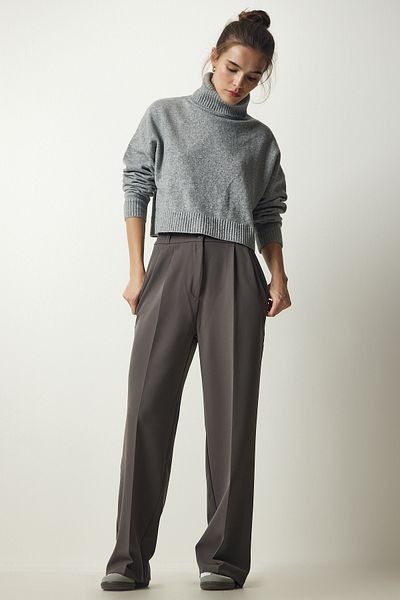 Happiness İstanbul Women's Gray Pocketed Palazzo Trousers DW00001