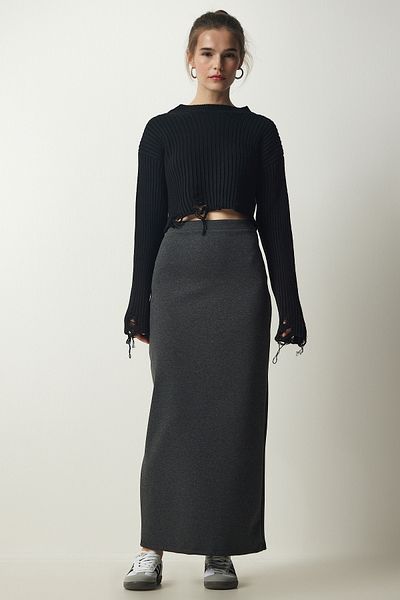 Happiness İstanbul Anthrazitfarbener Basic-Langer Rock für Damen, ub00174