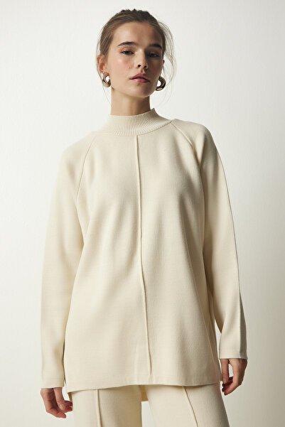 Happiness İstanbul Női krémszínű stílusos kötöttáru pulóver nadrág szett MU00012