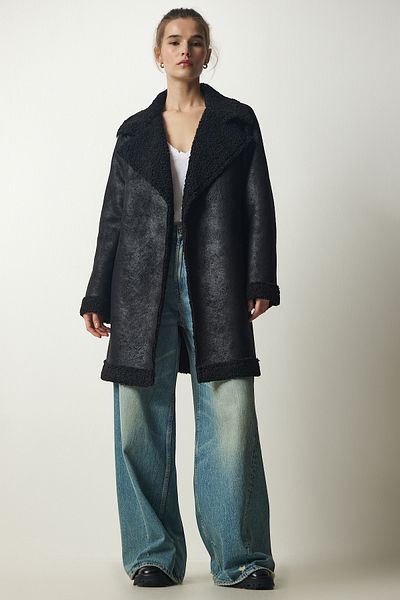 Happiness İstanbul Women's Black Double Breasted Collar Furry Nubuck Coat TO00123