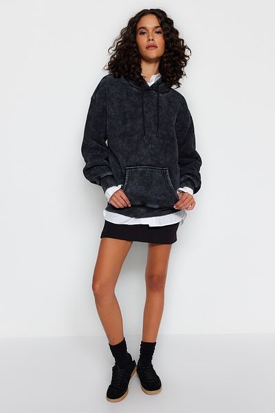 Trendyol Collection Плетен суичър с качулка и качулка с дебел полар с ефект на антрацит TWOAW24SW00103