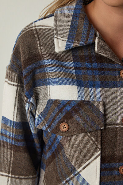 Happiness İstanbul Dámská hnědá tmavě modrá bunda Lumberjack Stamp Shirt DD01275