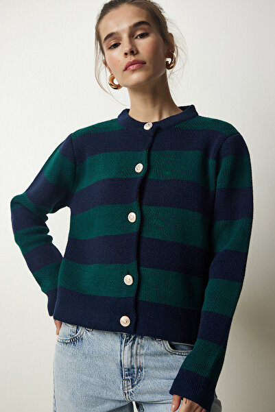 Happiness İstanbul Dámský námořnicky modrý zelený stylový proužkovaný pletený svetr NF00078