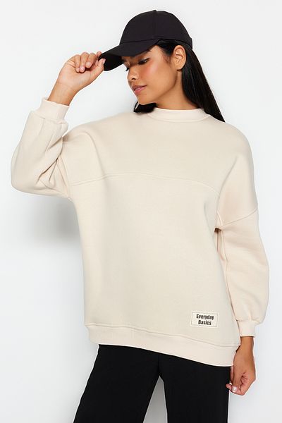 Trendyol Modest Oversize Fleece Feather Sweatshirt - Stone TCTAW24TW00022