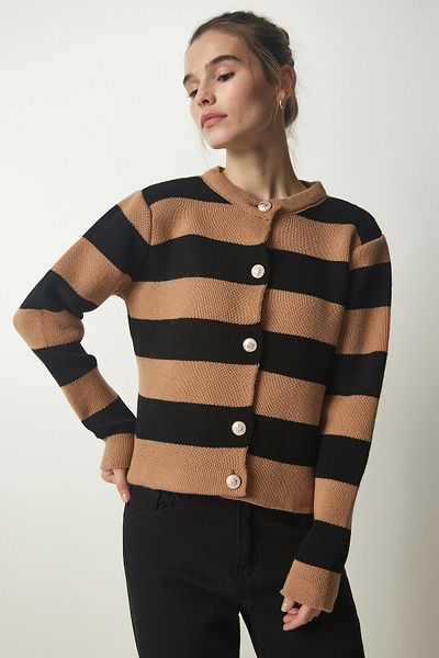 Happiness İstanbul Women's Biscuit Black Stylish Buttoned Striped Knitwear Cardigan NF00078