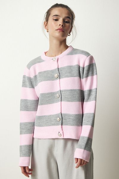Happiness İstanbul Women's Pink Gray Stylish Buttoned Striped Knit Cardigan NF00078