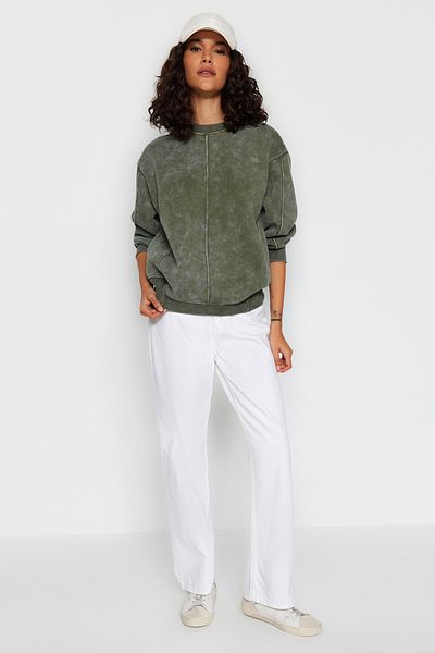 Trendyol Collection Pletená mikina khaki Antique/Bled Effect Silný vnitřní fleece Regular/Normal Fit TWOAW24SW00270