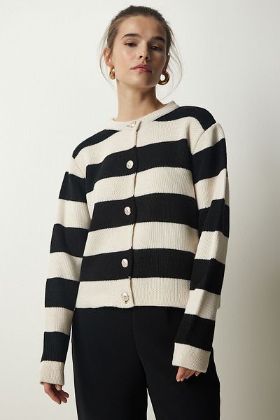Happiness İstanbul Women's Cream Black Stylish Buttoned Striped Knitwear Cardigan NF00078