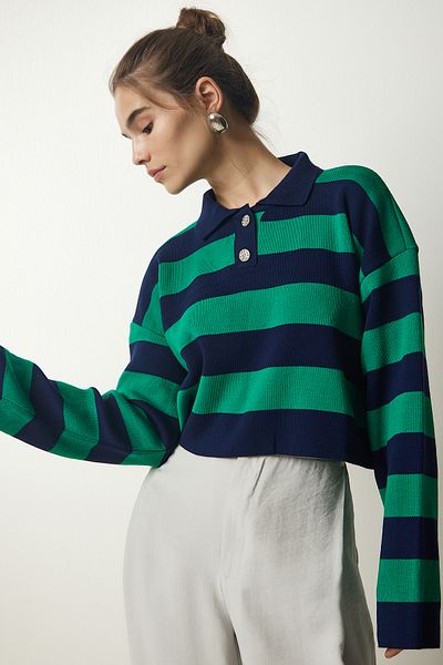 Happiness İstanbul Women's Navy Blue Green Stylish Buttoned Lapel Striped Crop Knitwear Sweater BV00115