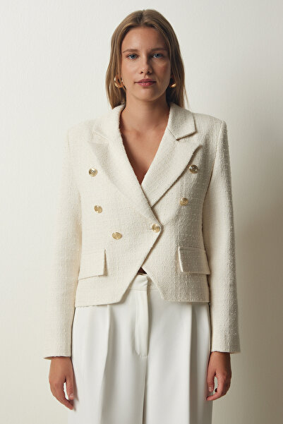 Happiness İstanbul Dámská ecru asymetrická detailní Crop tweed bunda TO00122