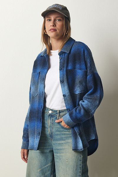 Happiness İstanbul Dámská modrá košilová bunda Lumberjack Oversize Stamp TU00035