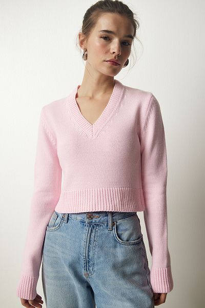 Happiness İstanbul Women's Light Pink V-Neck Crop Knitwear Sweatshirt PF00040