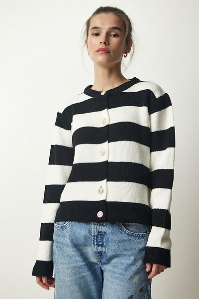 Happiness İstanbul Women's Black and White Stylish Buttoned Striped Knitwear Cardigan NF00078