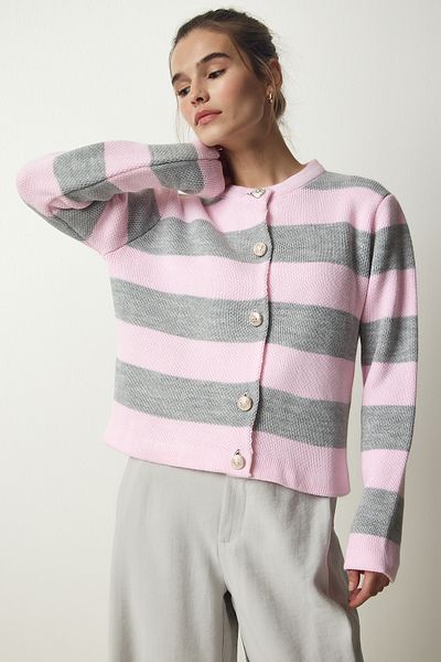 Happiness İstanbul Women's Pink Gray Stylish Buttoned Striped Knit Cardigan NF00078