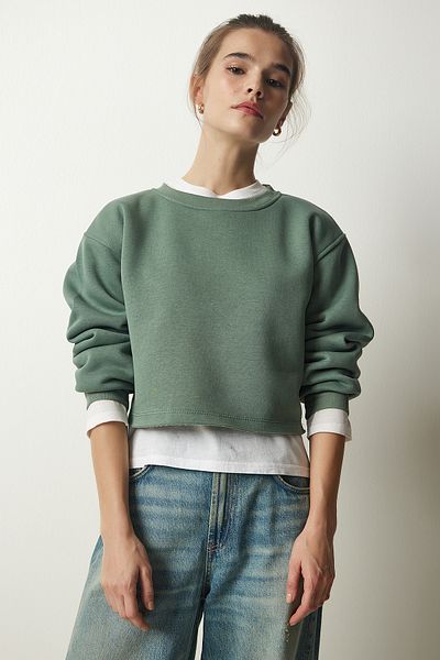 Happiness İstanbul Women's Green Crew Neck Raised Crop Knitted Sweatshirt BF00085