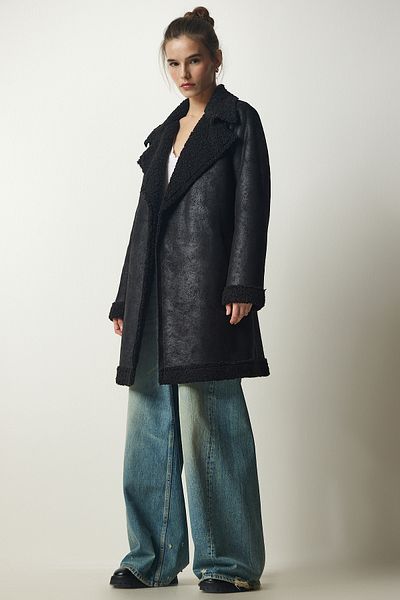Happiness İstanbul Women's Black Double Breasted Collar Furry Nubuck Coat TO00123