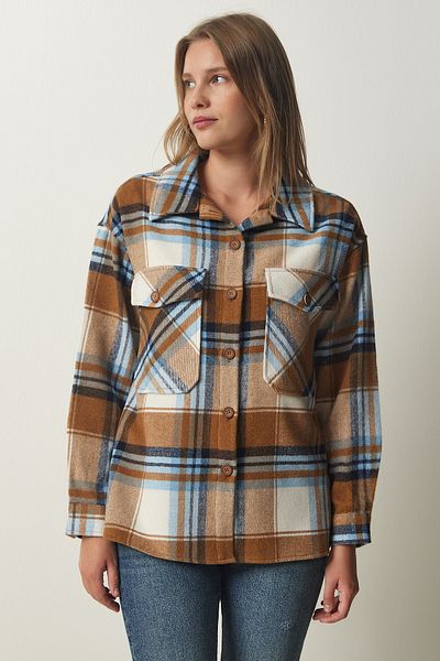 Happiness İstanbul Damska kurtka koszulowa w kolorze Biscuit Blue Lumberjack Stamp DD01275