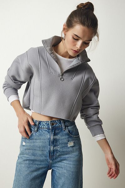 Happiness İstanbul Women's Gray Zippered Crop Knitted Sweatshirt HF00441