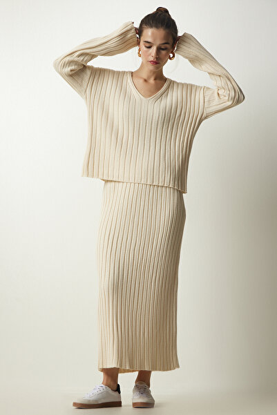 Happiness İstanbul Női krémszínű bordás pulóver szoknya kötöttáru szett YY00188