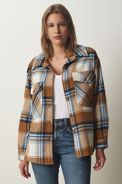 Happiness İstanbul Damska kurtka koszulowa w kolorze Biscuit Blue Lumberjack Stamp DD01275