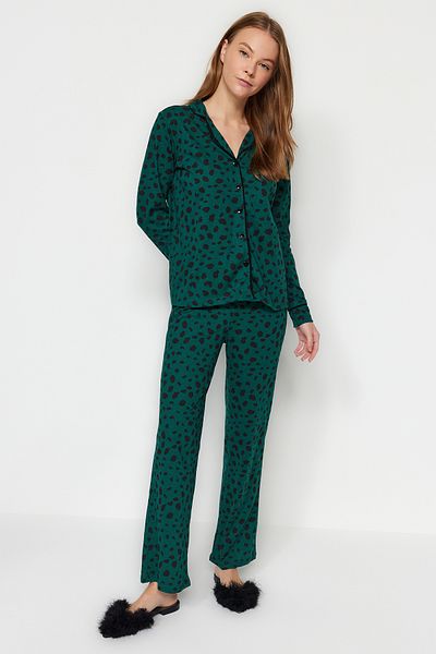 Trendyol Collection Dark Green 100% Cotton Leopard Print Shirt-Pants Knitted Pajamas Set THMAW21PT0489