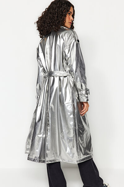 Trendyol Collection Silver Belted Shiny Trench Coat TWOAW24TR00068