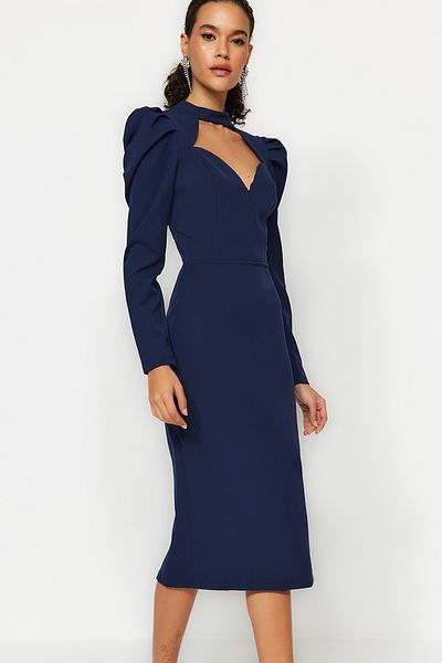 Trendyol Collection Navy Blue Fitted Woven Elegant Evening Dress TPRAW24EL00004
