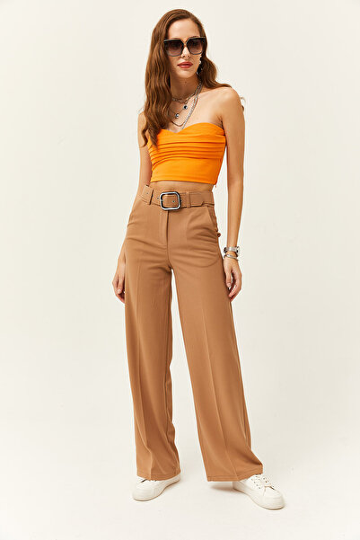 Olalook Kadın Vizon Metal Toka Kemerli Scuba Krep Palazzo Pantolon PNT-19000208