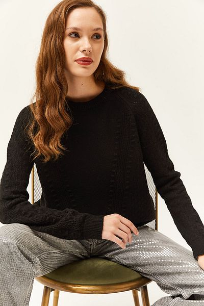 Olalook Pulover de damă, negru, cu pompon minuscul, cu textura moale, tricotaj KZK-19000689