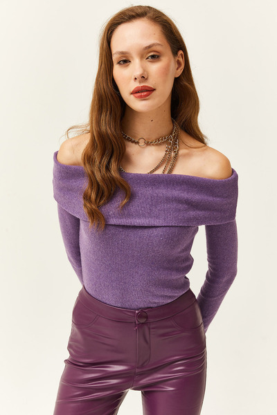 Olalook Bluză BLZ-19000615 pentru femei, mov, cu guler Madonna